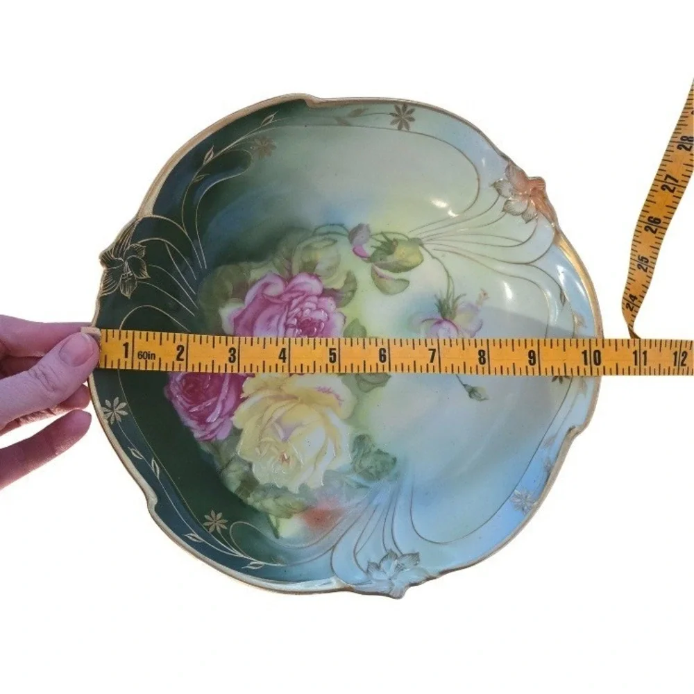 Antique Bavaria JPSV Serving Bowl Green w/ Roses‎ 10